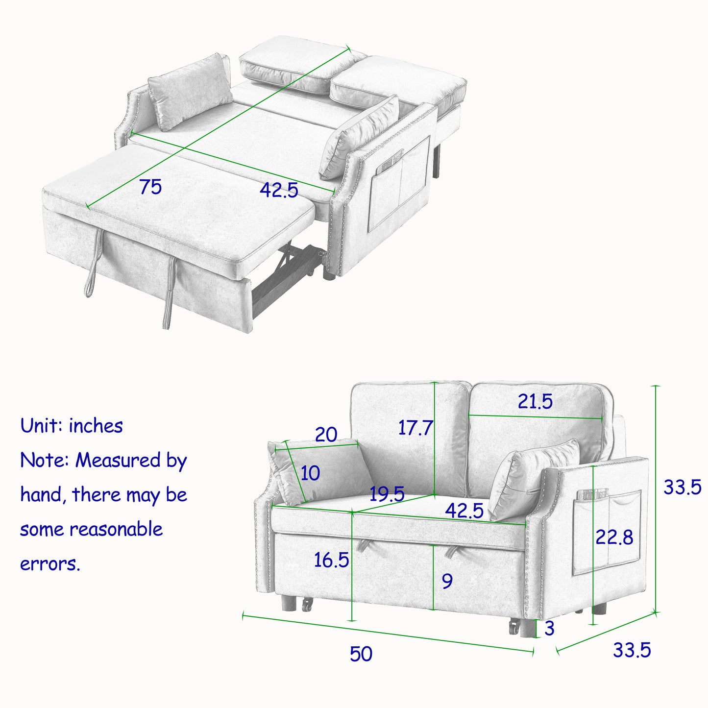 Convertible Velvet Sleeper Sofa Bed with Storage Pockets, 2-Seater with Pull-Out Bed