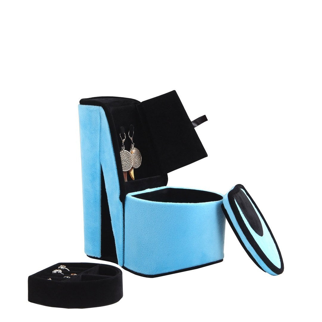 9" Tall Display Jewelry Box with Hidden Storage, High Heel Shoe Design, Turquoise Velvet