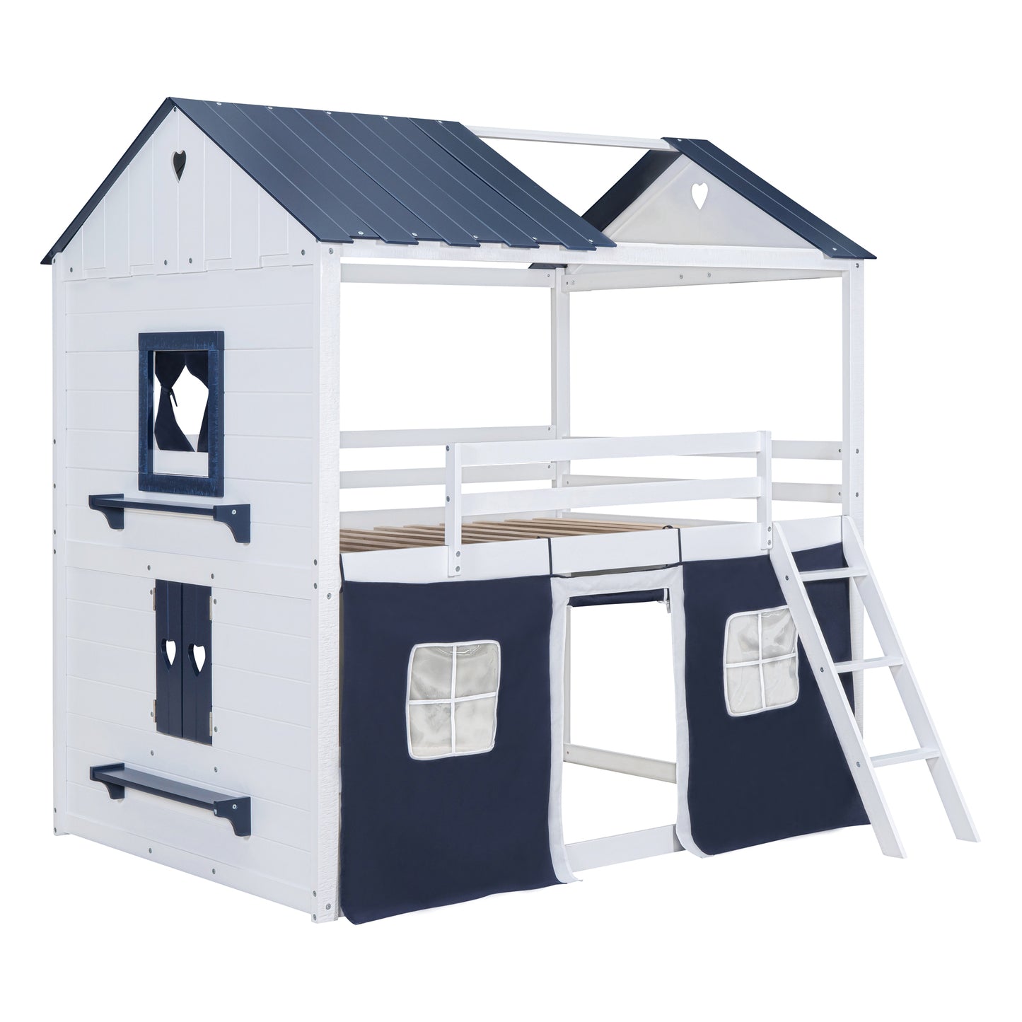 Full Size Bunk Wood House Bed with Elegant Windows, Sills and Tent,  Blue+White