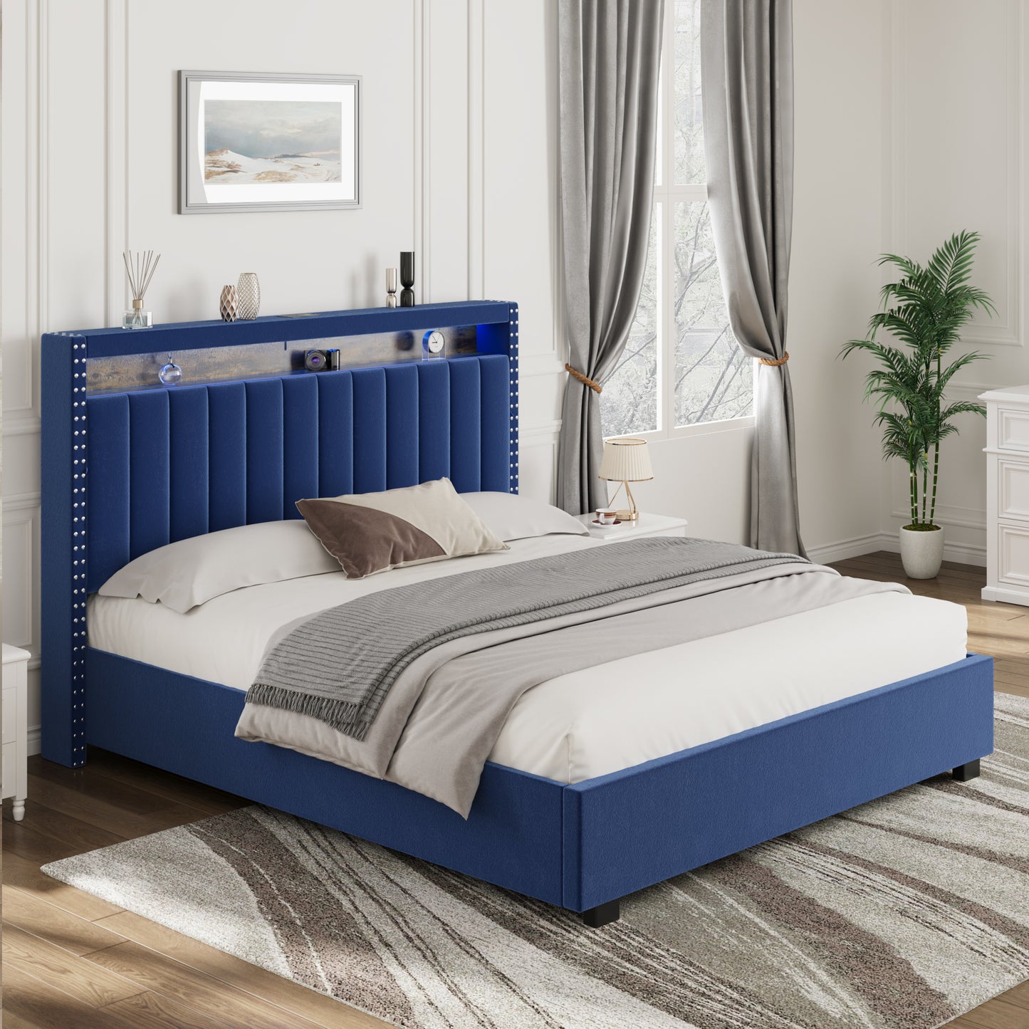 Luxury Gas Lift Storage Bed with RF LED Lights, Storage Headboard ,FULL Size ,Velvet Blue