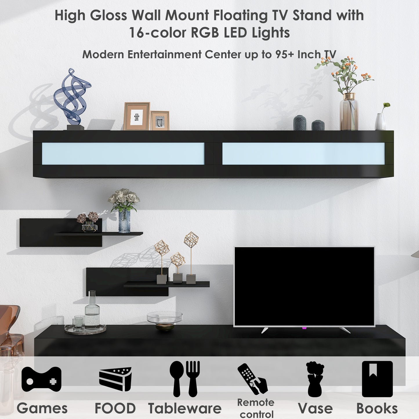 Modern Black Wall Mount Floating TV Stand with LED Lights and Media Storage