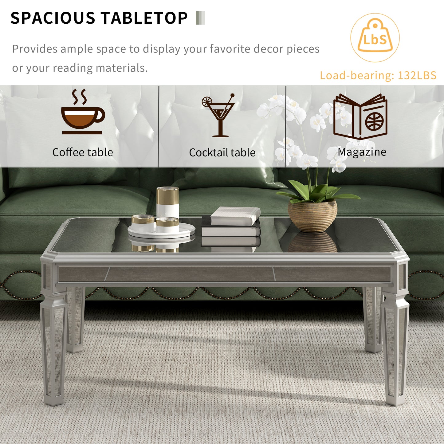 Contemporary Silver Glass Mirrored Coffee Table with Adjustable Legs