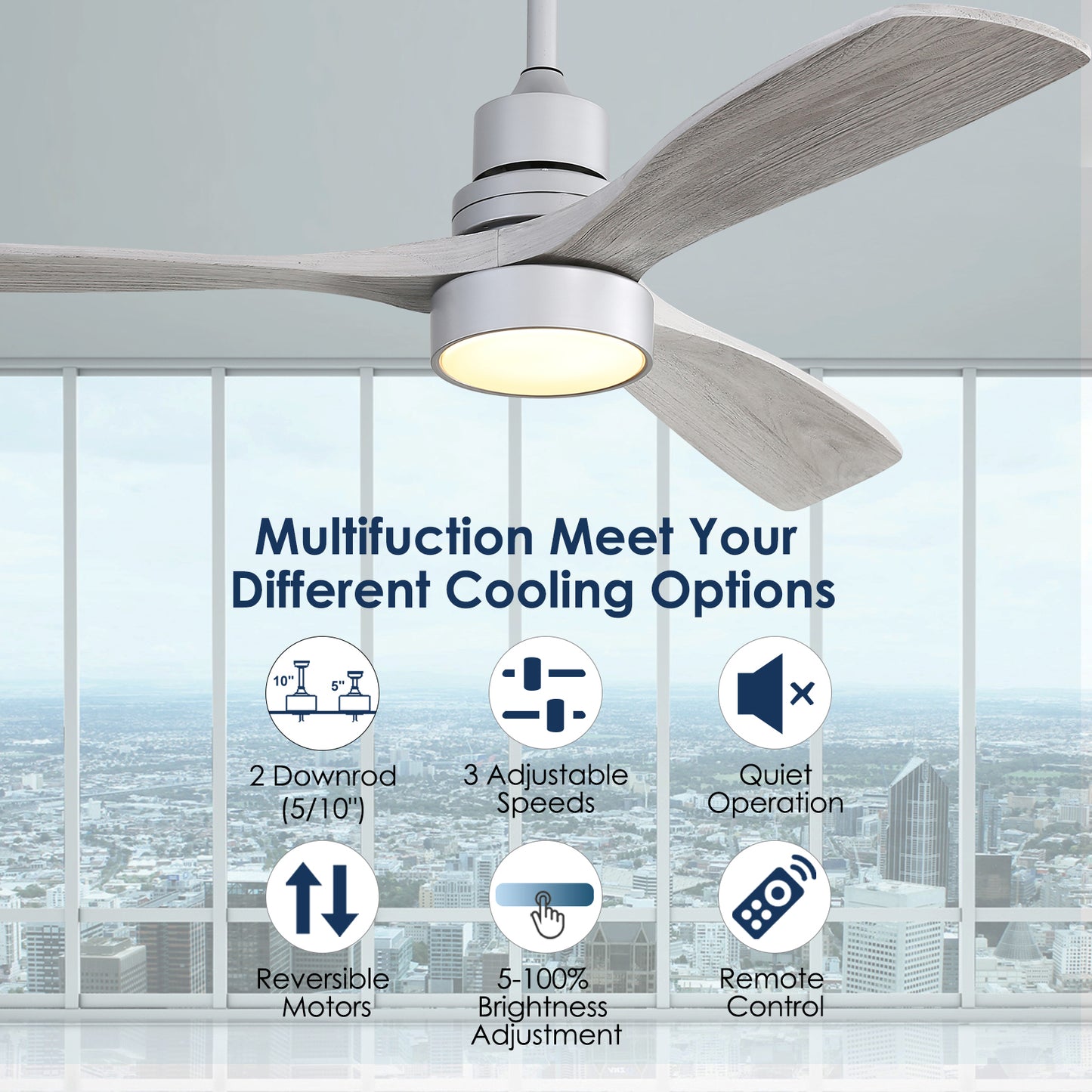 52 Inch Silver Wood Blade Ceiling Fan with Remote Control