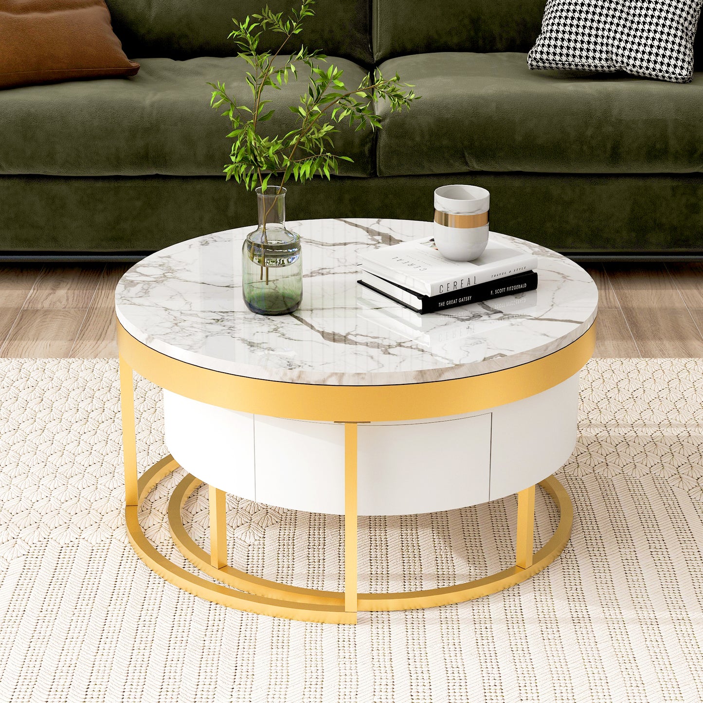 Contemporary White and Gold Nesting Coffee Table with Storage Drawers