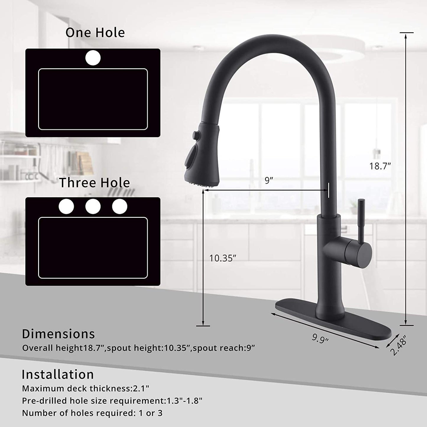 FLG Touch-On Kitchen Faucet with Pull Down Sprayer Single Handle Brass Touch Activated Kitchen Sink Faucet with 2-Way Pull Out Sprayer, Matte Black