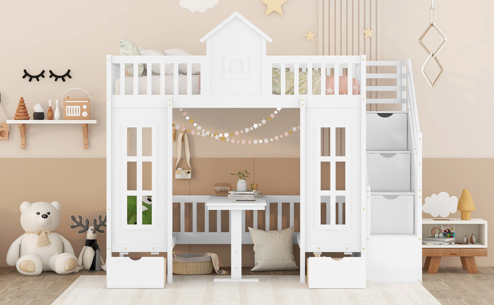 Convertible Twin Bunk Bed with Changeable Table - White - Versatile & Stylish Twin Over Twin Loft Bed