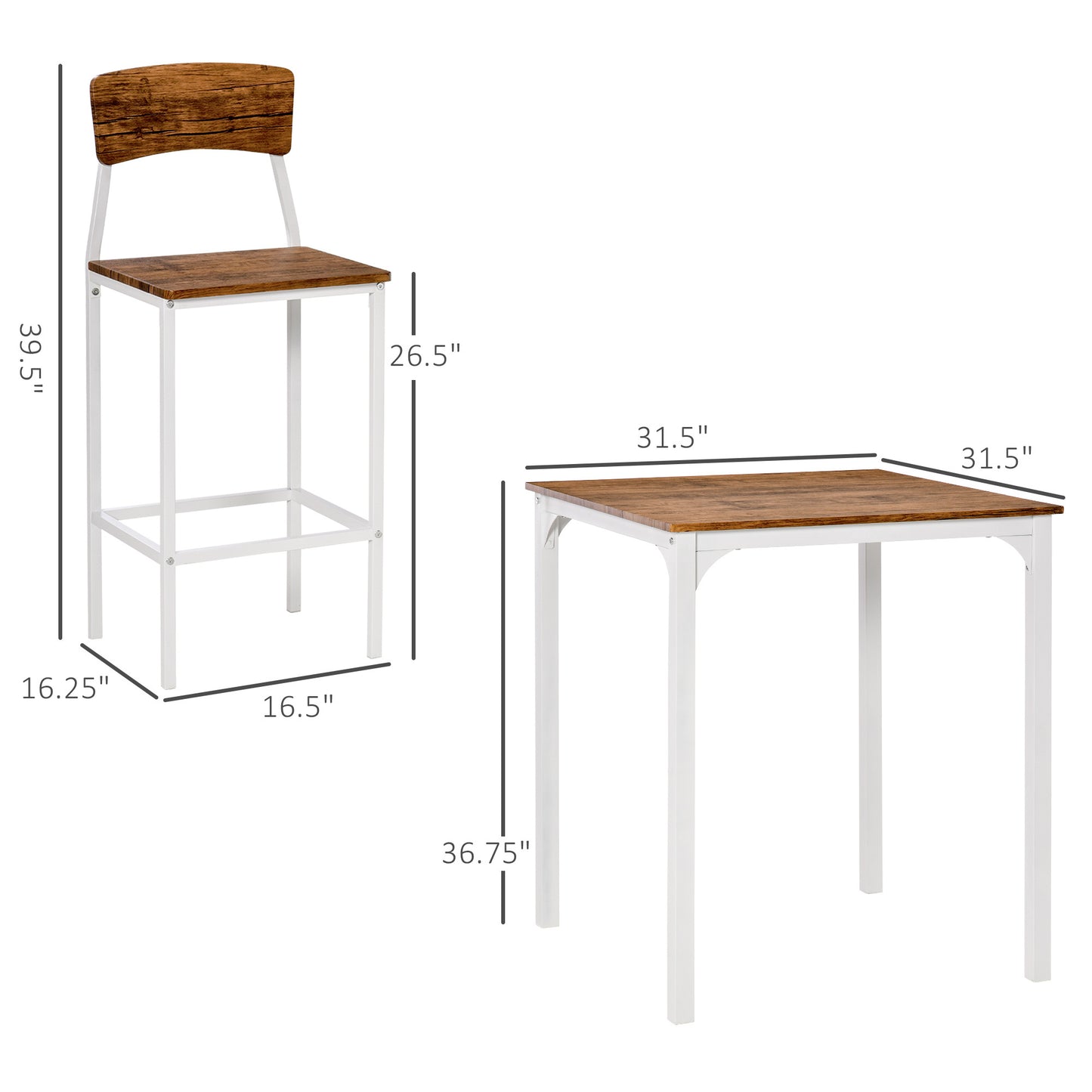 3 Piece Bar Table Set, Industrial Counter Height Dining Table Set, Bar Table & Chairs with Steel Legs & Footrests, White