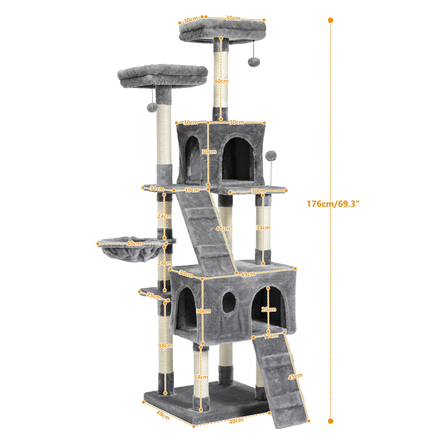 Cat Tree 69 Inches Cat Tower with 2 Condos and 2 Perches, Kitty Climber Tower Furniture, Upgraded Version Grey