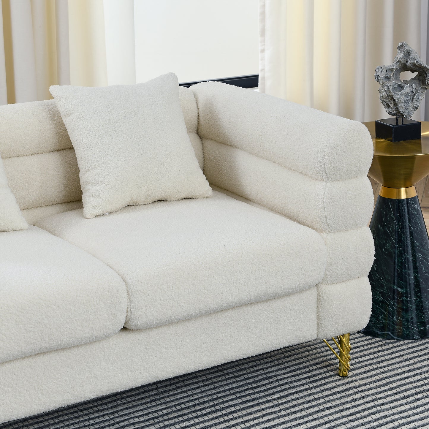 Elegant 60 Inch Ivory 2 Seater Sectional Sofa with Gold Legs and 2 Pillows