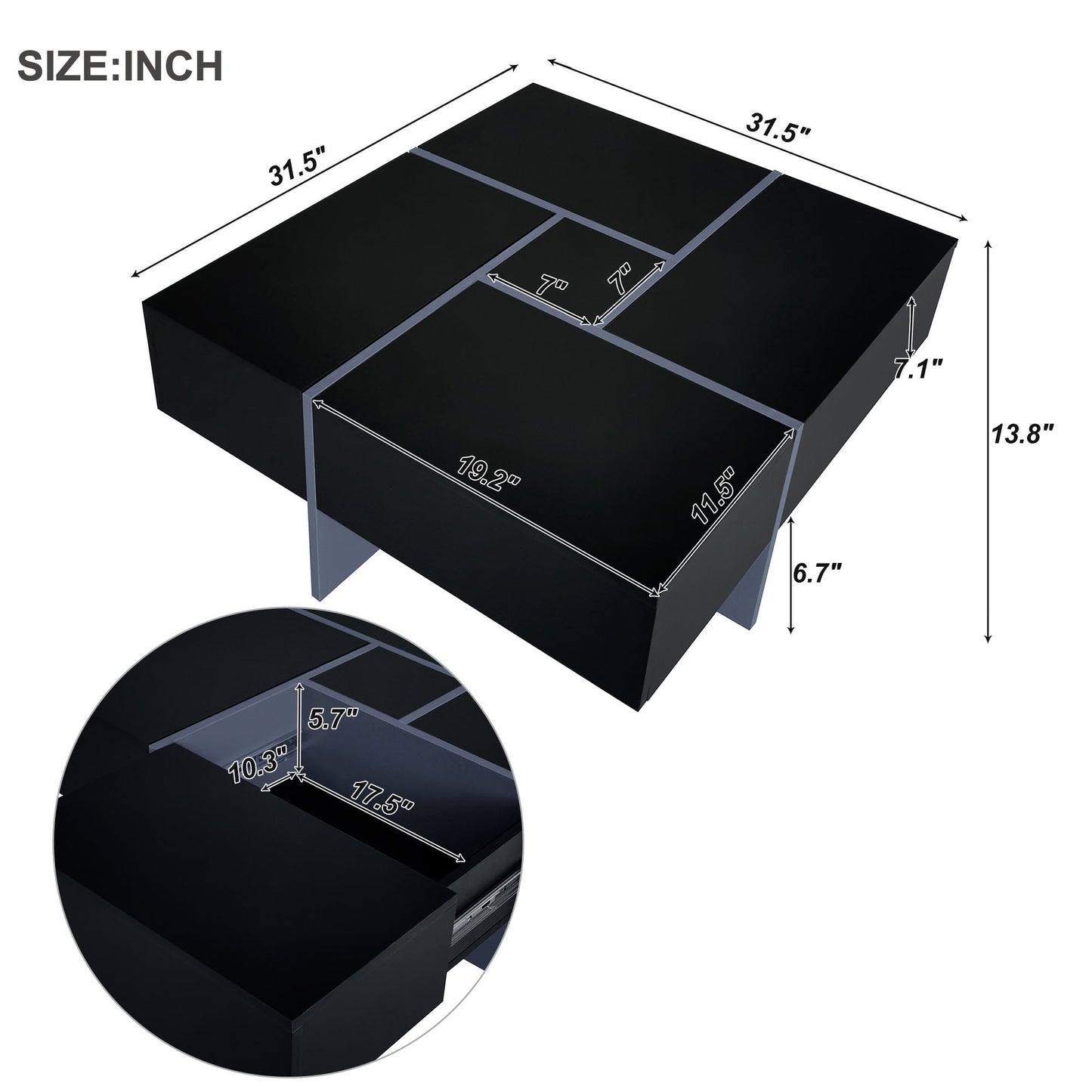 Puzzle Design Coffee Table with Extendable Sliding Tabletop and Hidden Storage Compartments