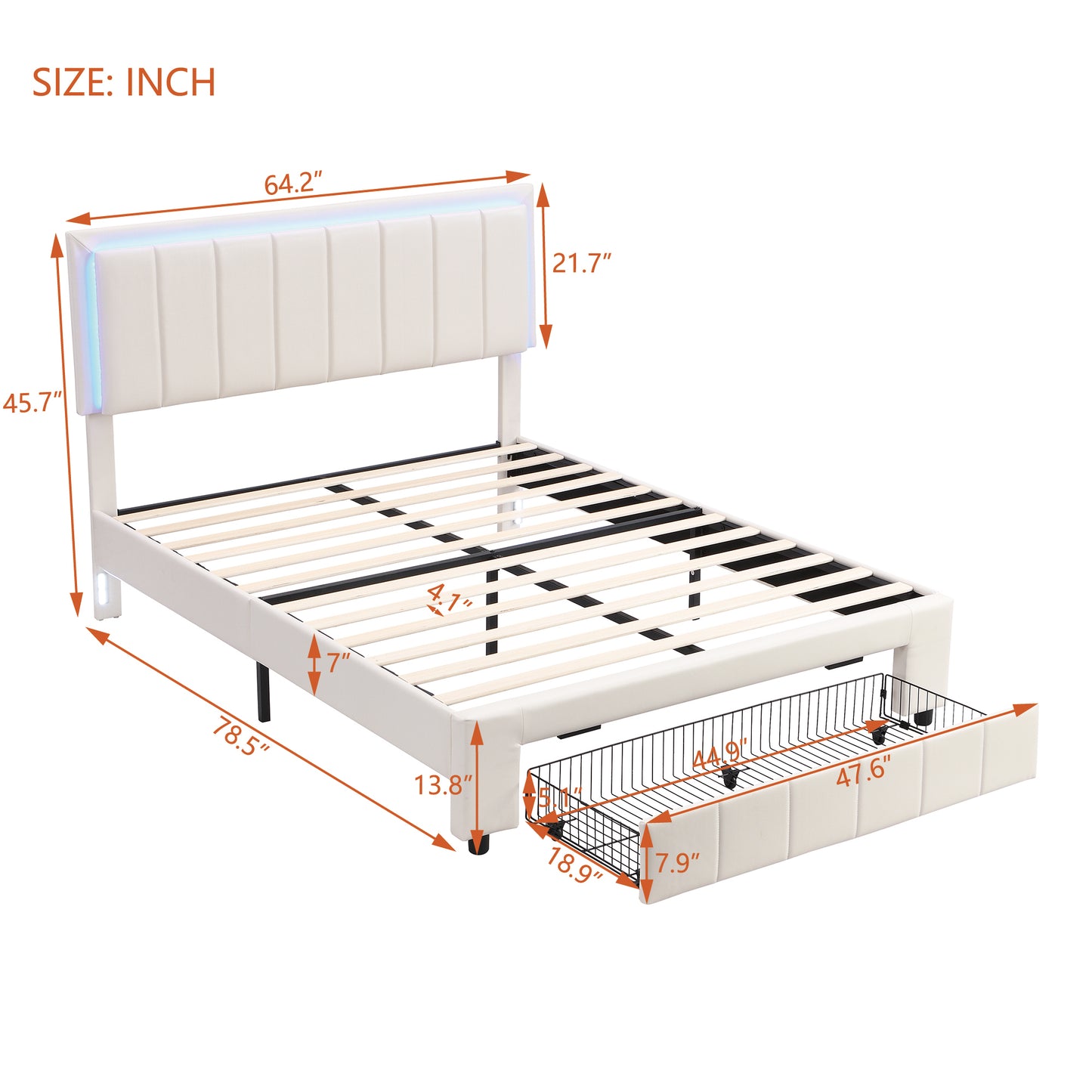 Upholstered Platform Bed with LED Lights and Two Motion Activated Night Lights,Queen Size Storage Bed with Drawer,White