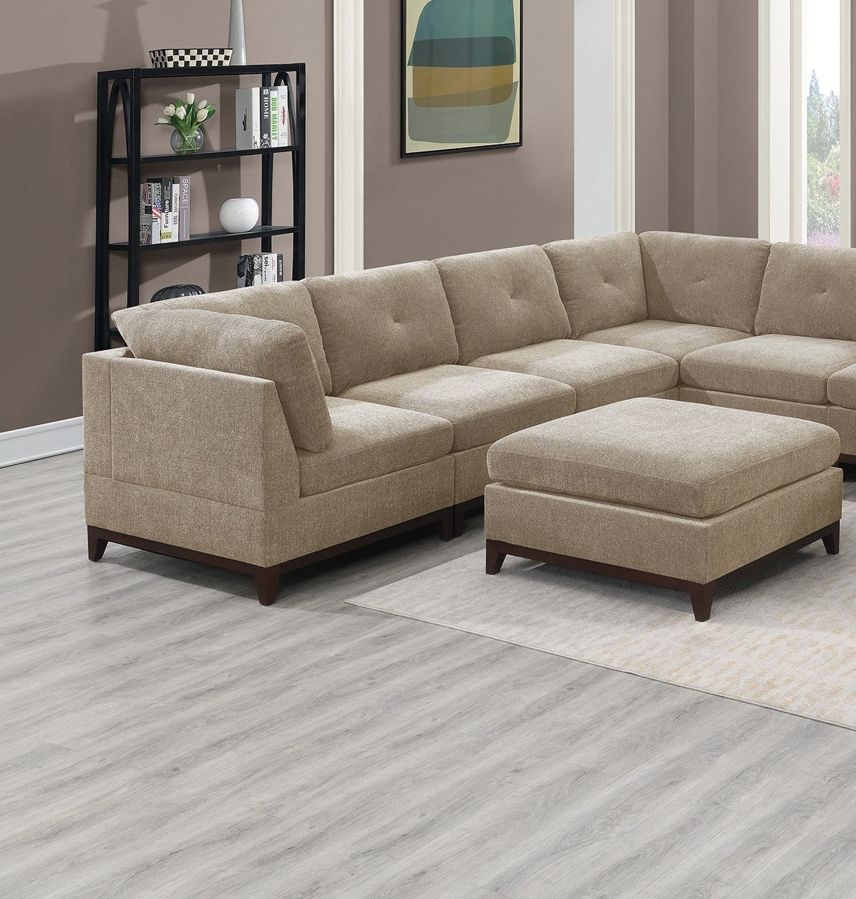 Versatile Camel Chenille Fabric Modular Sectional Set with Tufted Back and Wooden Base