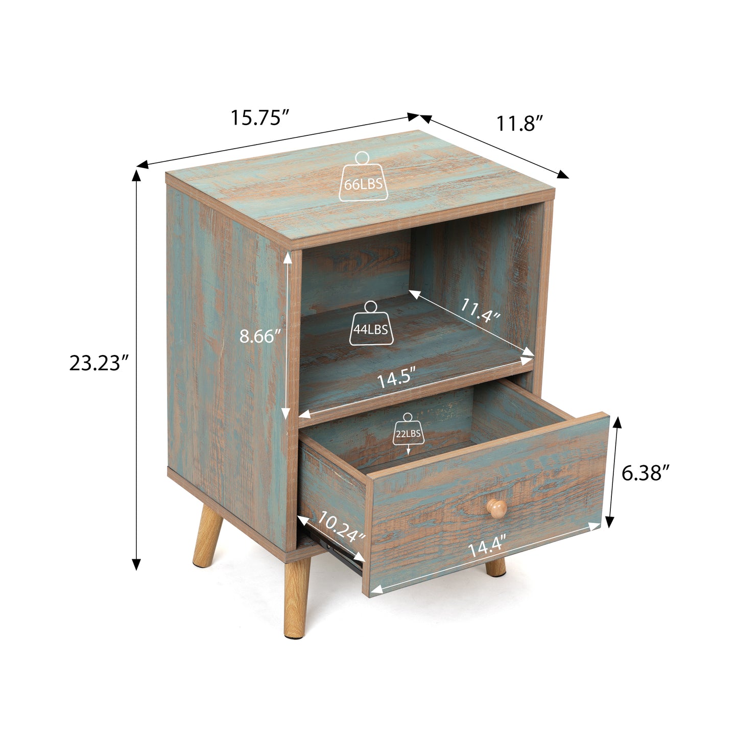 Set of 2 Modern Low Bedside Table, Wooden Nightstand with Drawer and Shelf, Patina Green