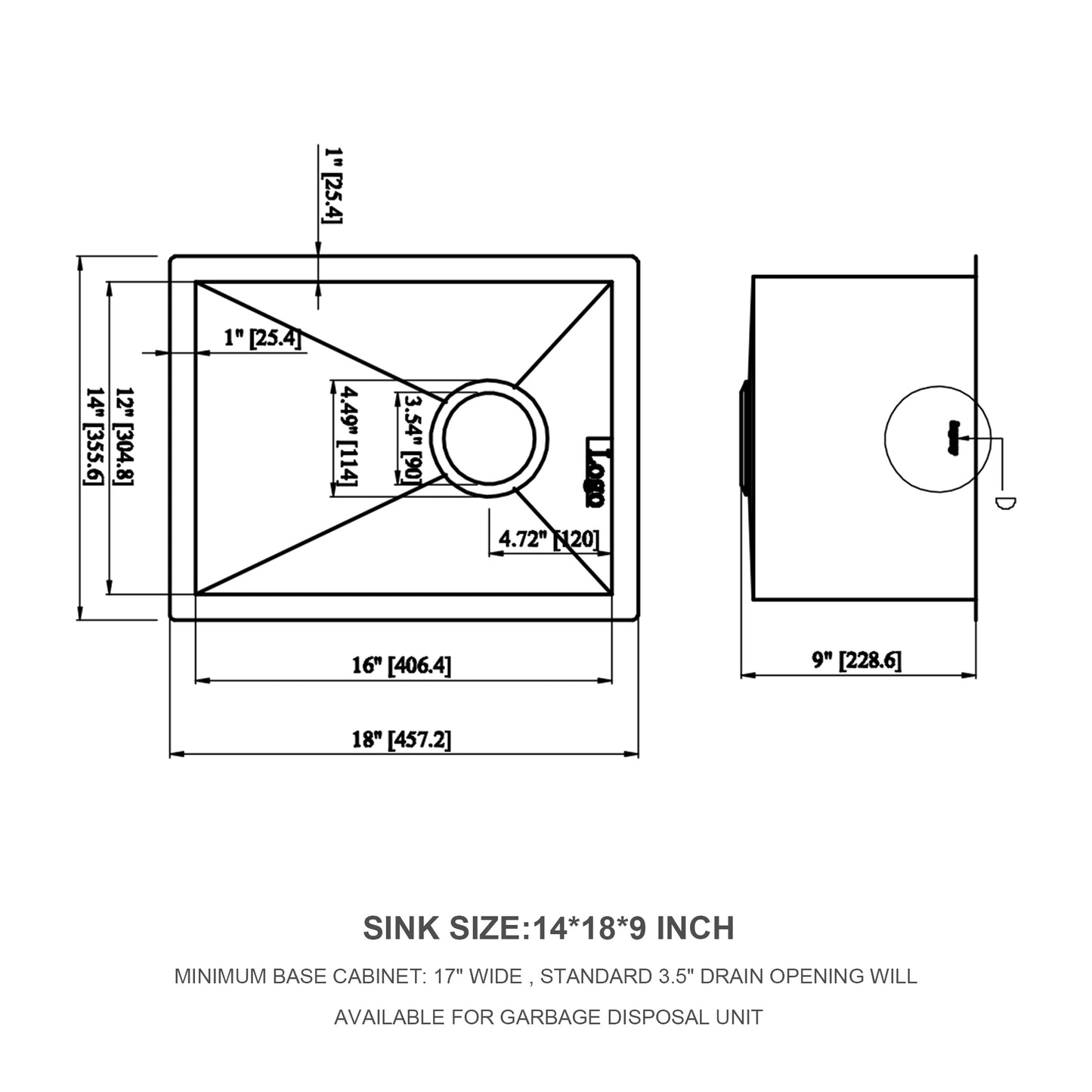 Undermount Stainless Steel Kitchen Sink - 14x18x9 Single Bowl Sink