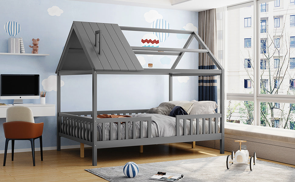 Full Size Wood House Bed with Fence, Gray