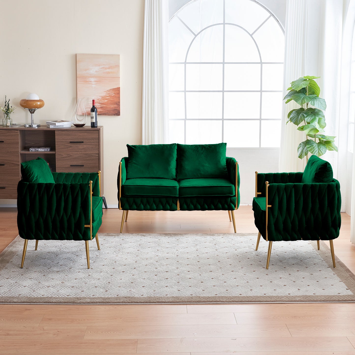 Comfy Handmade Bucket Woven Fluffy Tufted Upholstered Sofa Set Living Room, 2 Accent Chair and 1 Two Seater Sofa , Green Velvet