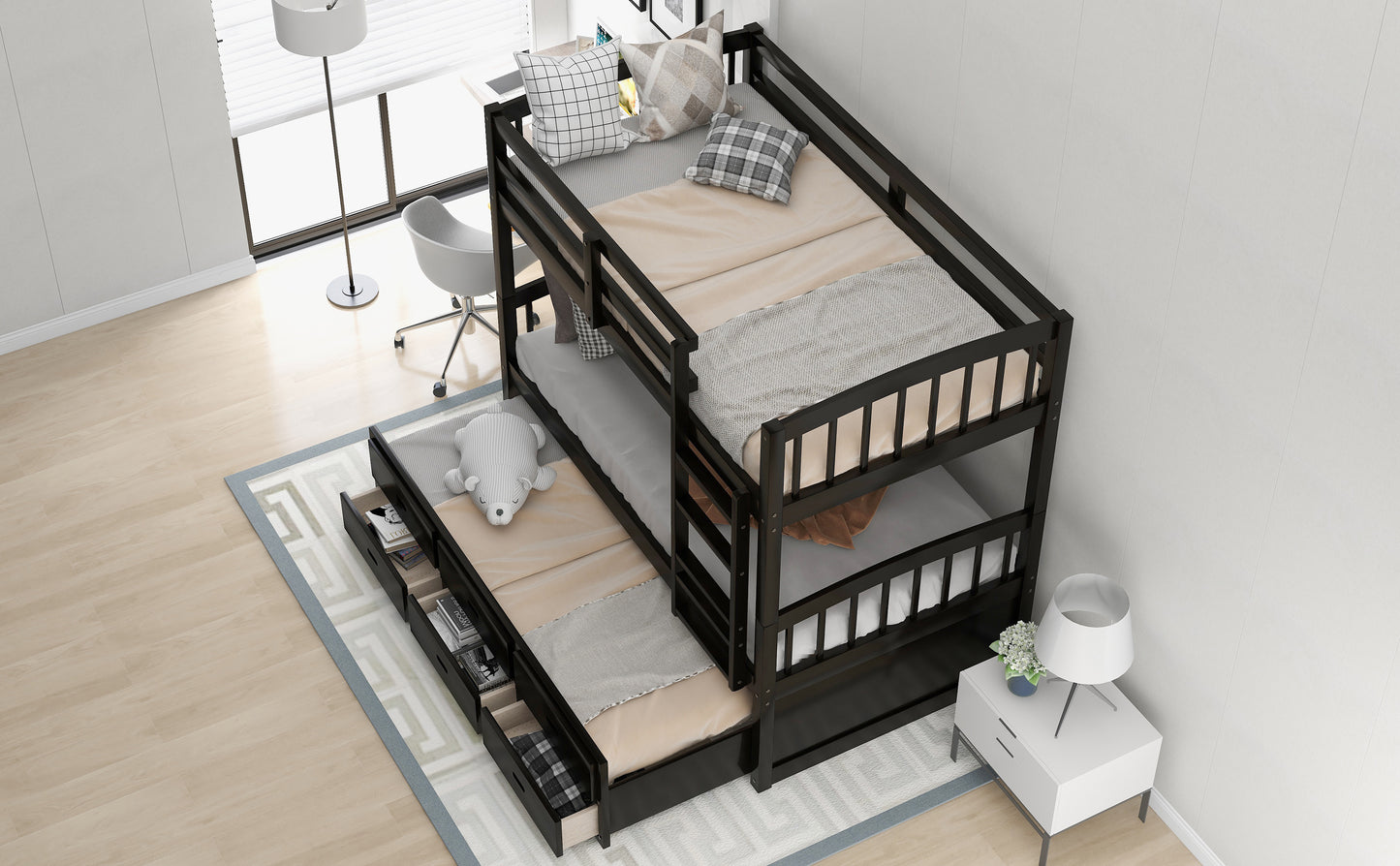 Espresso Twin Wood Bunk Bed with Trundle, Drawers, and Staircase