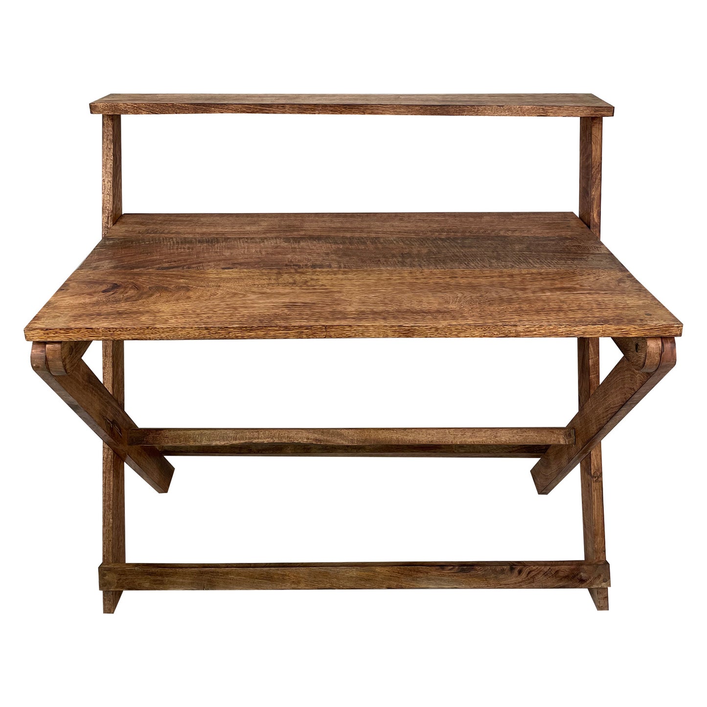 Foldable Mango Wood Desk with Top Shelf, X-Shaped Frame - 42 inches