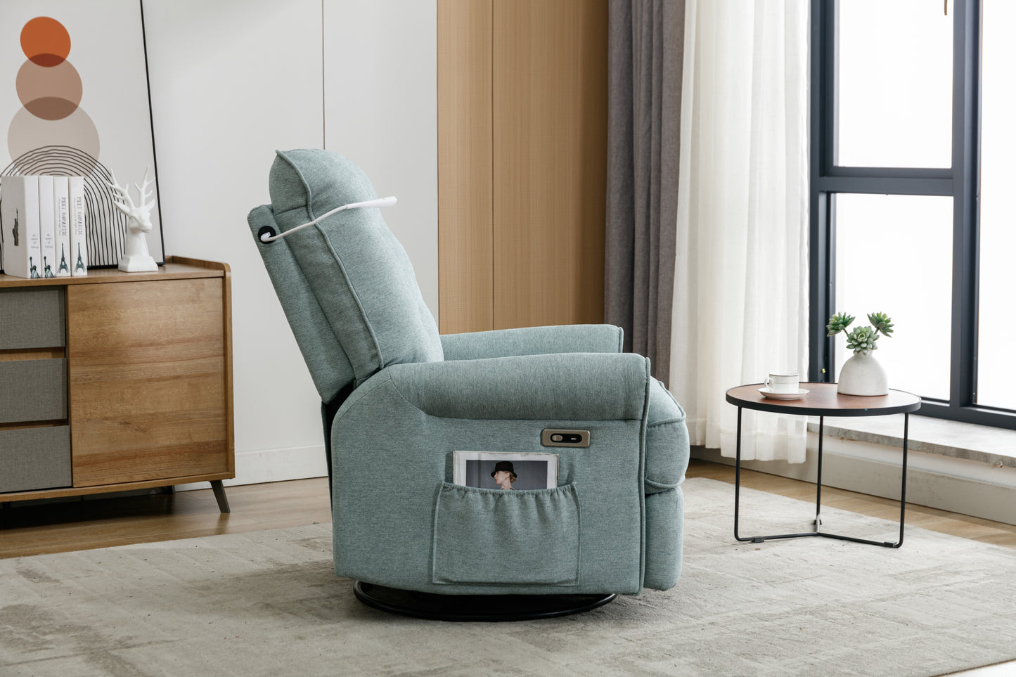 Lotus Green Swivel Recliner Chair with USB Port, Side Pocket, and Touch Sensitive Lamp