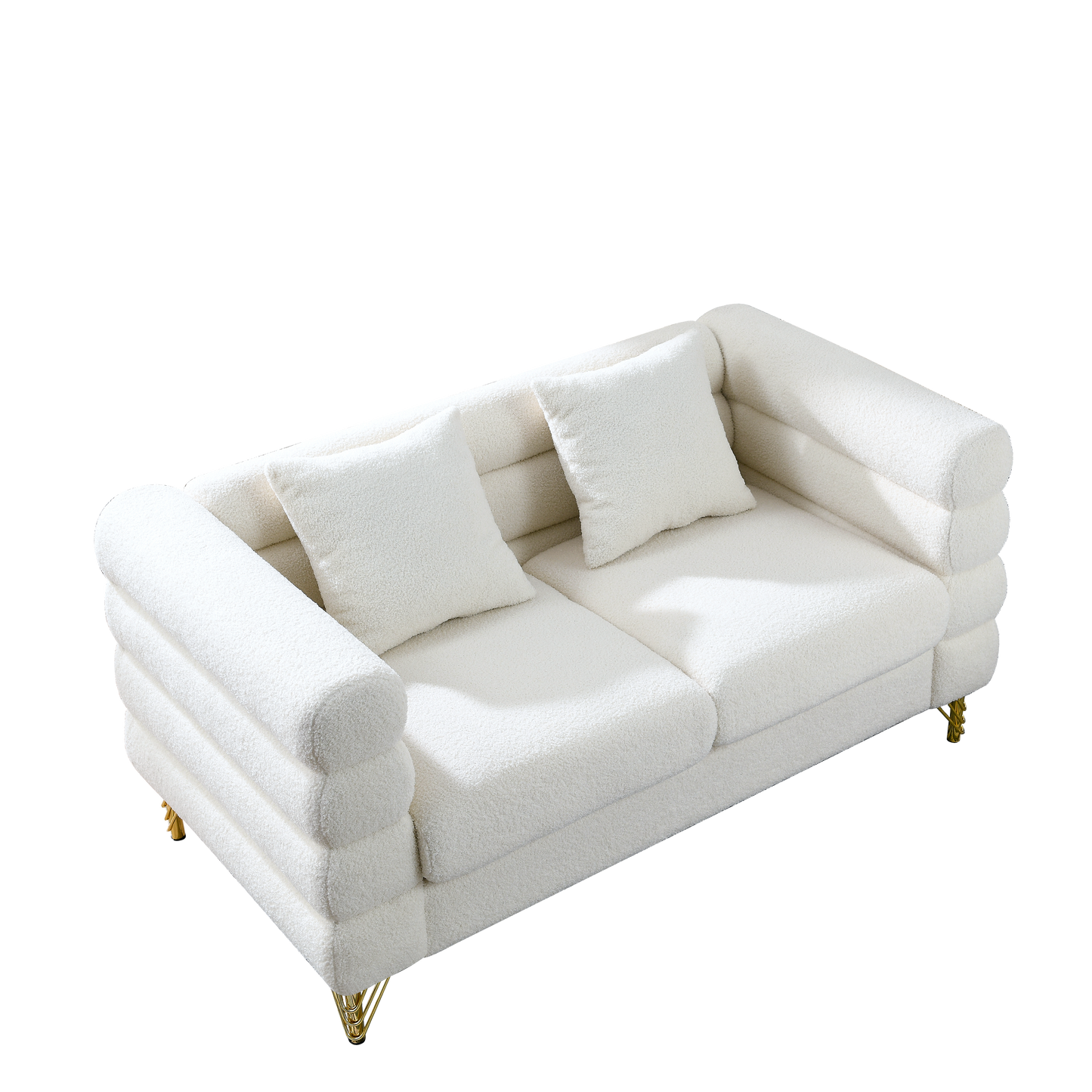 Elegant 60 Inch Ivory 2 Seater Sectional Sofa with Gold Legs and 2 Pillows