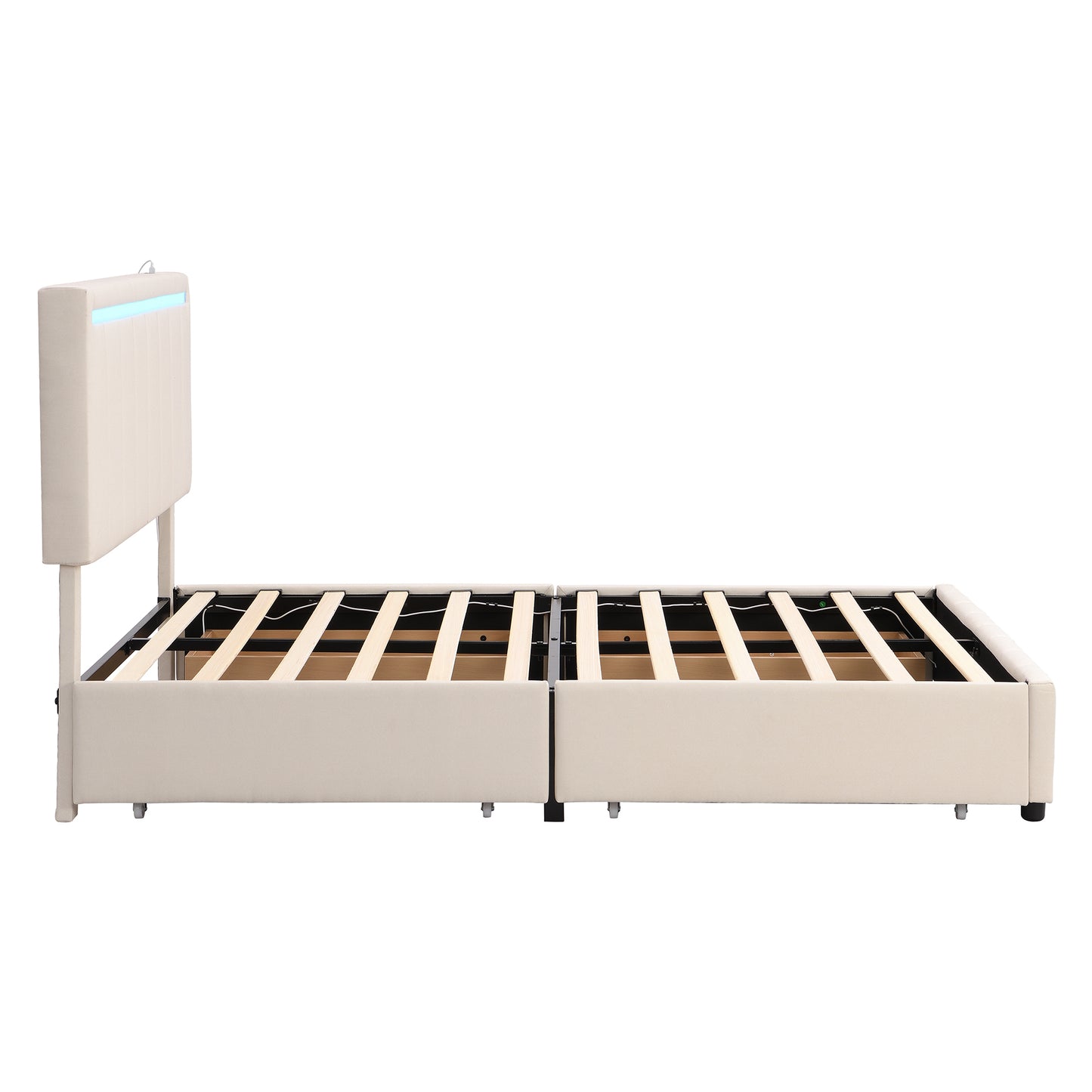 Full Size Upholstered Bed with LED Light and 4 Drawers,  Modern Platform Bed with a set of Sockets and USB Ports, Linen Fabric, Beige