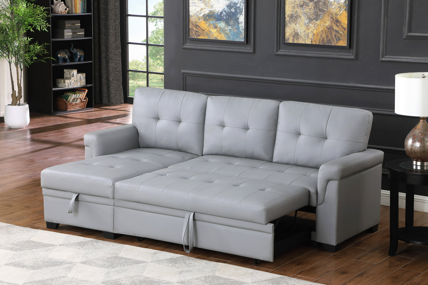 Gray Vegan Leather Sleeper Sectional Sofa with Chaise and Storage