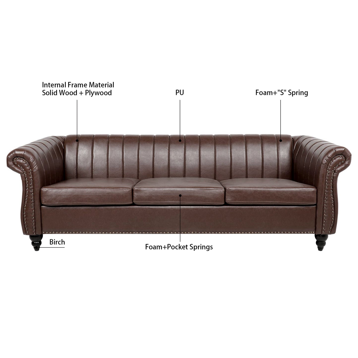 Luxurious Brown PU Rolled Arm Chesterfield Three Seater Sofa - 83.46''