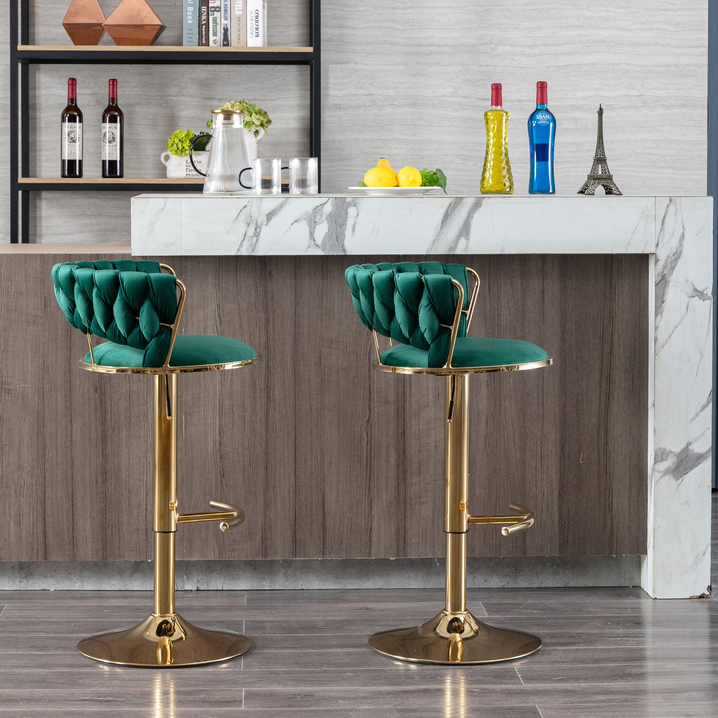 Set of 2  Bar Stools,with Chrome Footrest and Base Swivel Height Adjustable Mechanical Lifting Velvet + Golden Leg Simple Bar Stool-Green