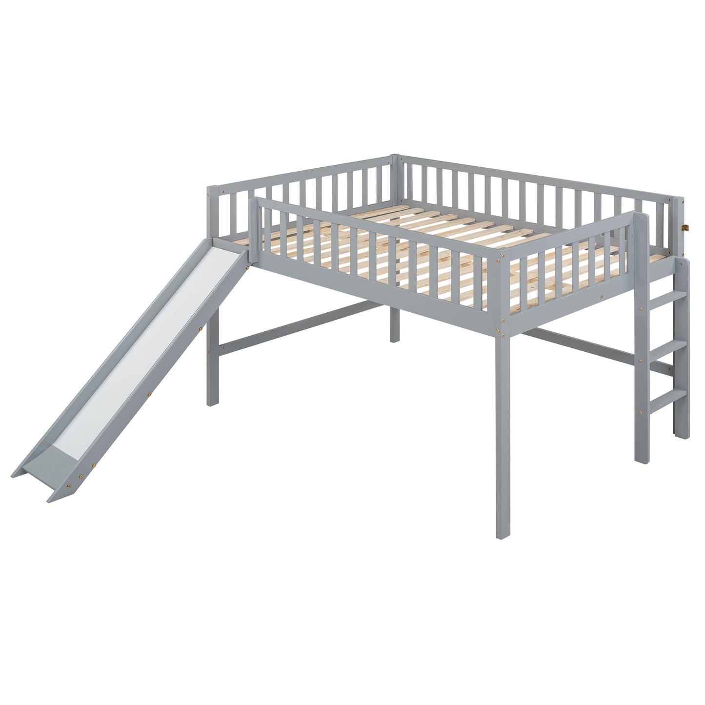 Full Size Low Loft Bed with Ladder and Slide,Gray