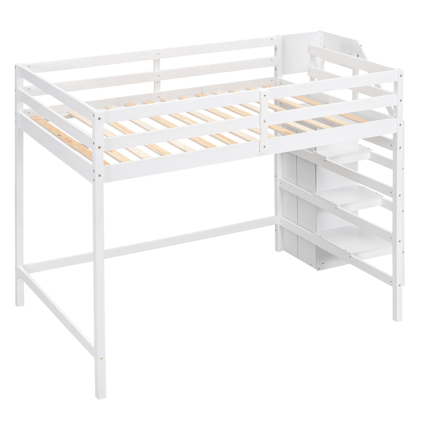 Full Size Loft Bed with Built-in Storage Wardrobe and Staircase, White