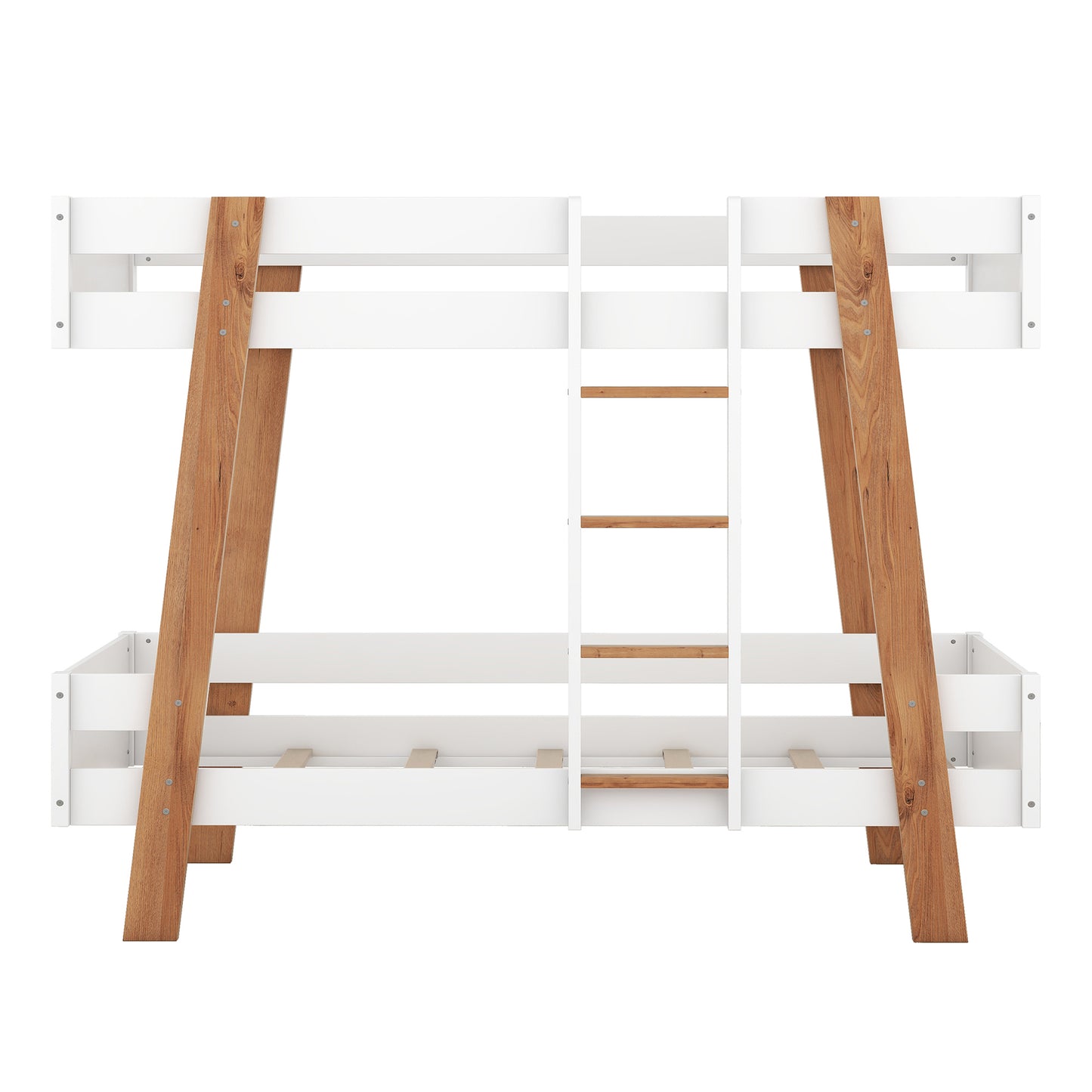 Rustic White Twin Size Bunk Bed with Wooden Columns and Attached Ladder