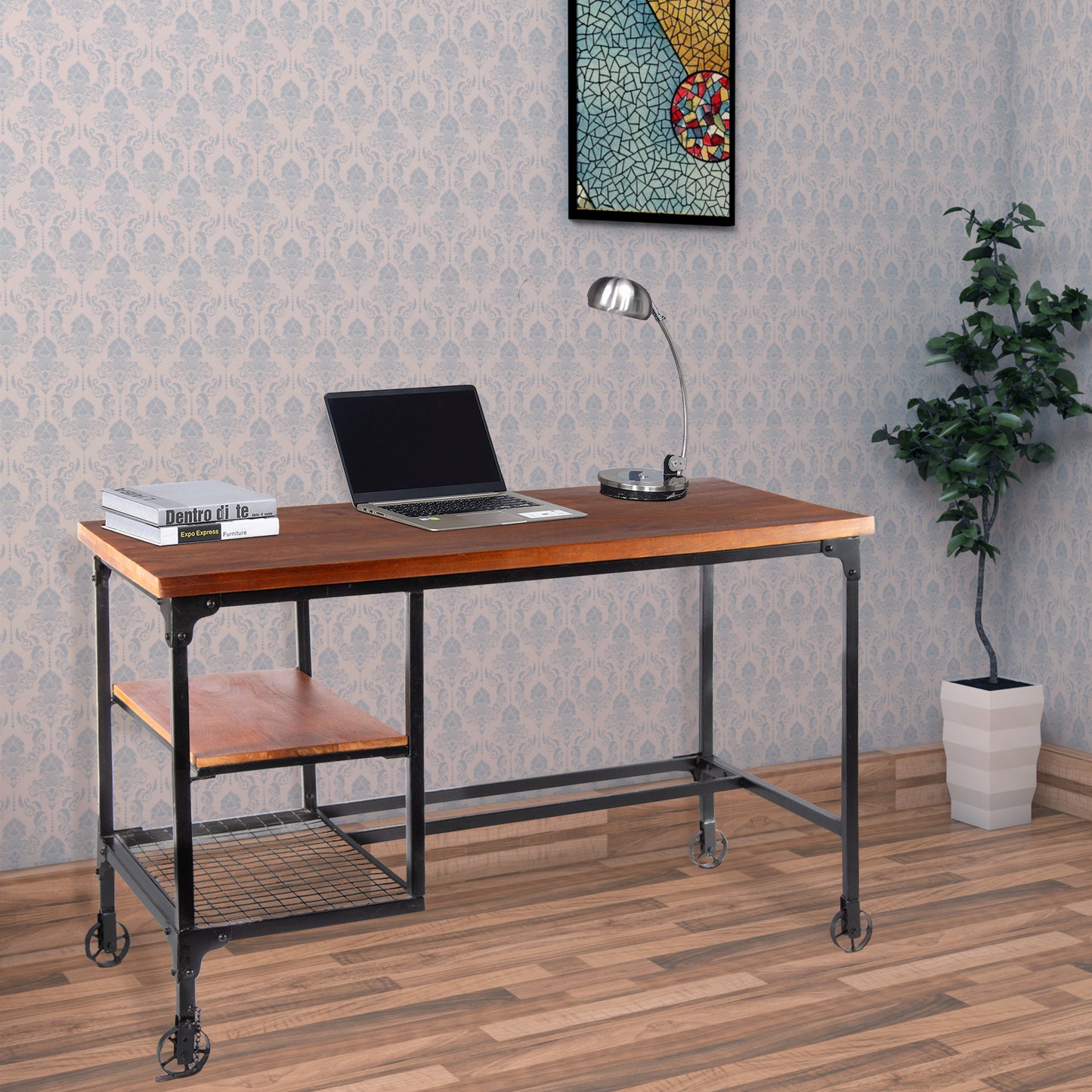 Brown and Black Industrial Style Wood and Metal Desk with Two Bottom Shelves - Modern Workspace Upgrade