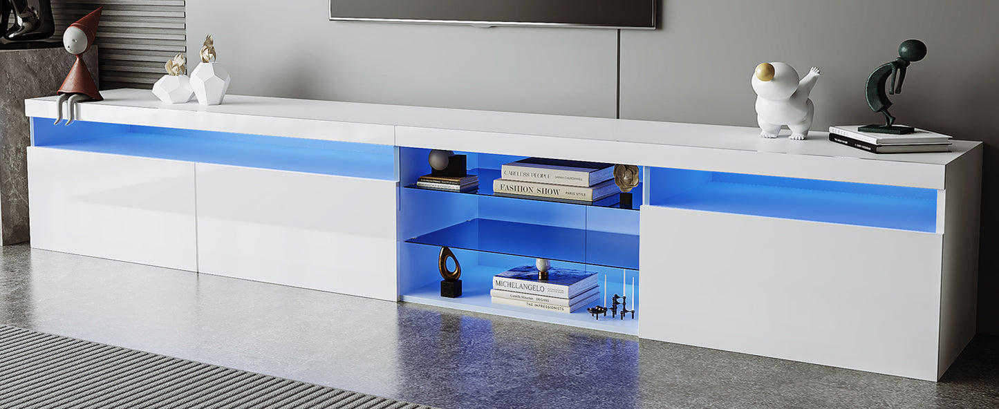 Modern White TV Stand with Glass Shelves and LED Lights for TVs Up to 100