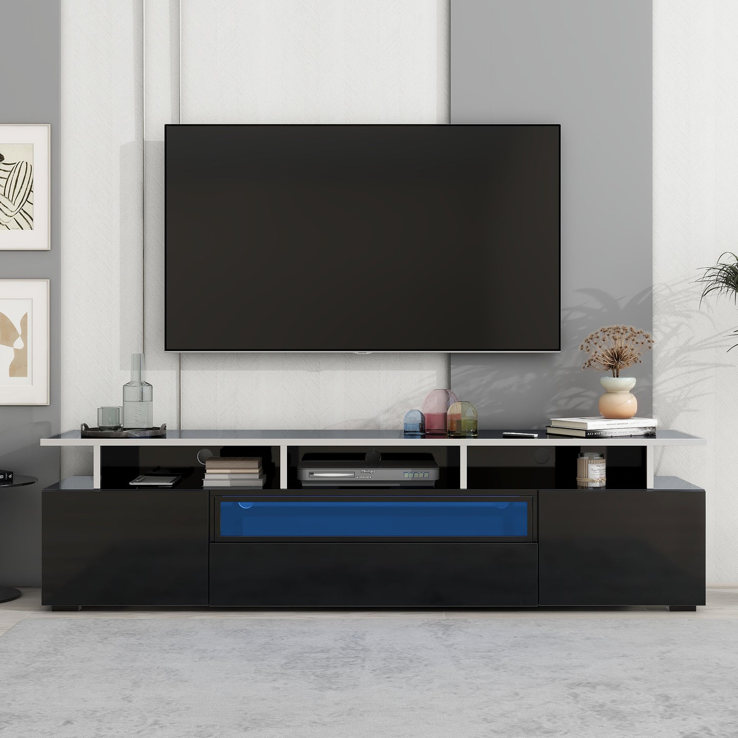 Stylish Black TV Stand with LED Lights and Acrylic Board