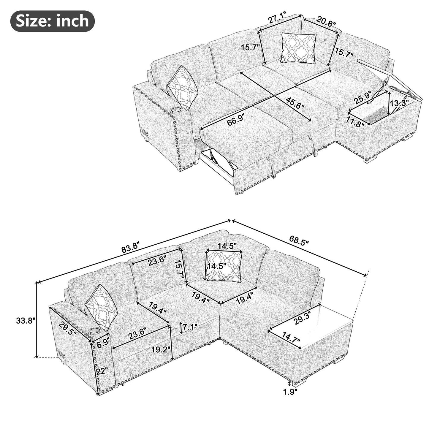 Convertible L-Shaped Sectional Sleeper Sofa with Storage Chaise and Charging Ports in Light Gray