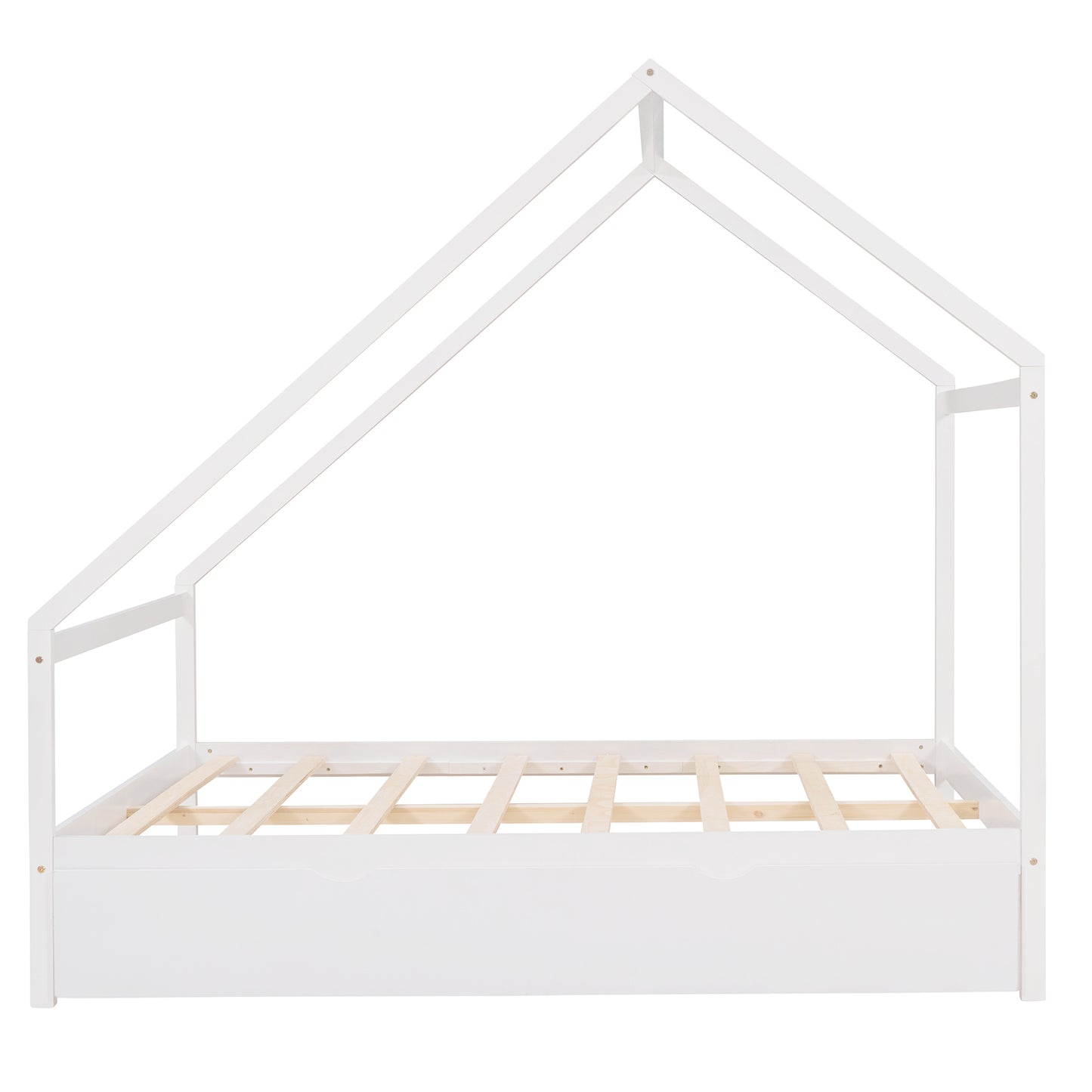 Full Size Wooden House Bed With Twin Size Trundle, White