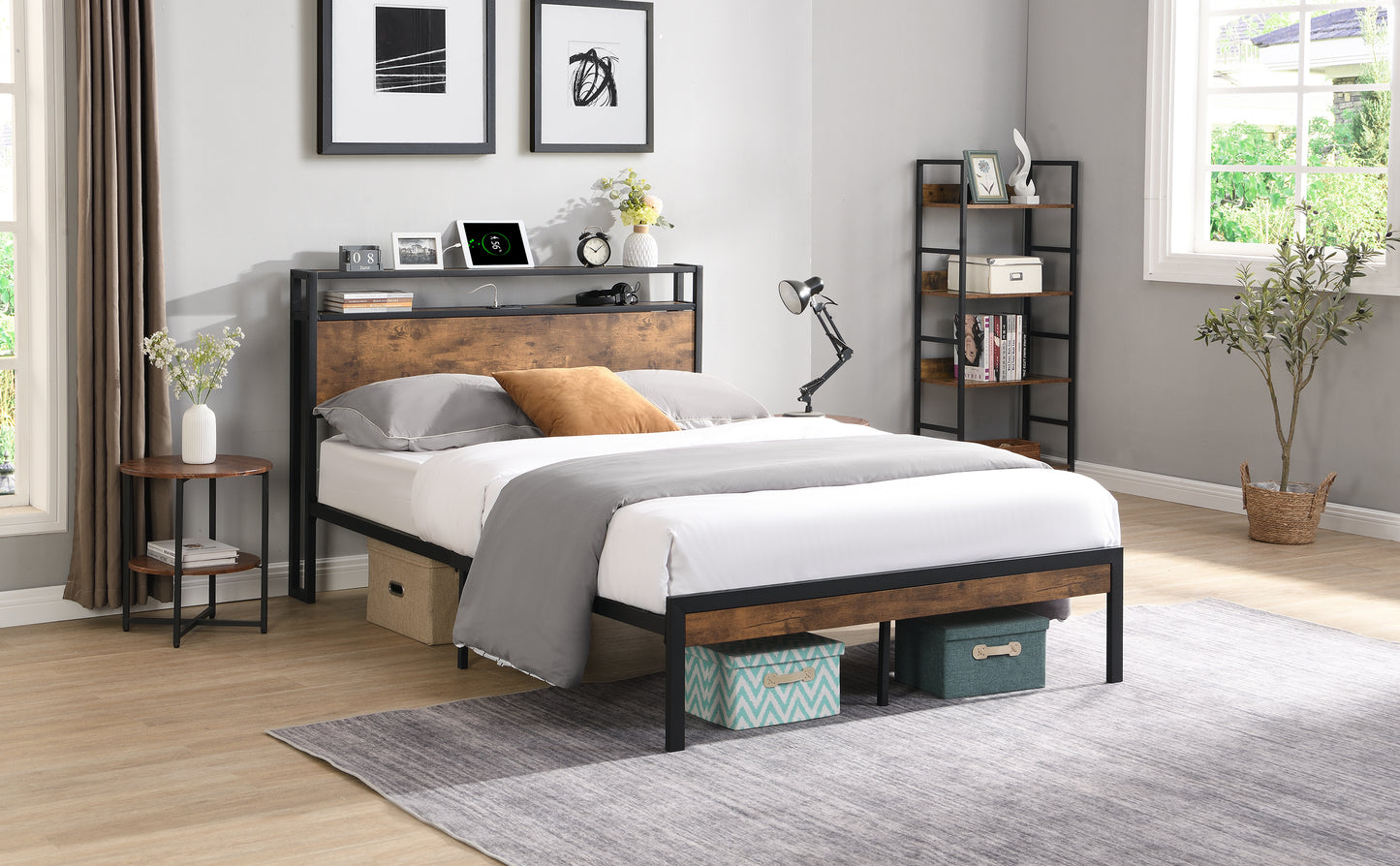 King Size Metal Platform Bed Frame with Wooden Headboard and Footboard with USB LINER, No Box Spring Needed, Large Under Bed Storage, Easy Assemble