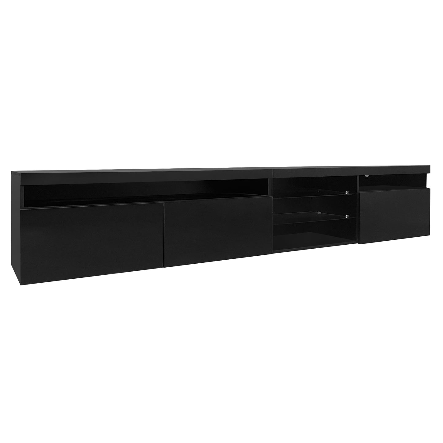 Contemporary Black LED TV Stand with Glass Shelves and Ample Storage Space