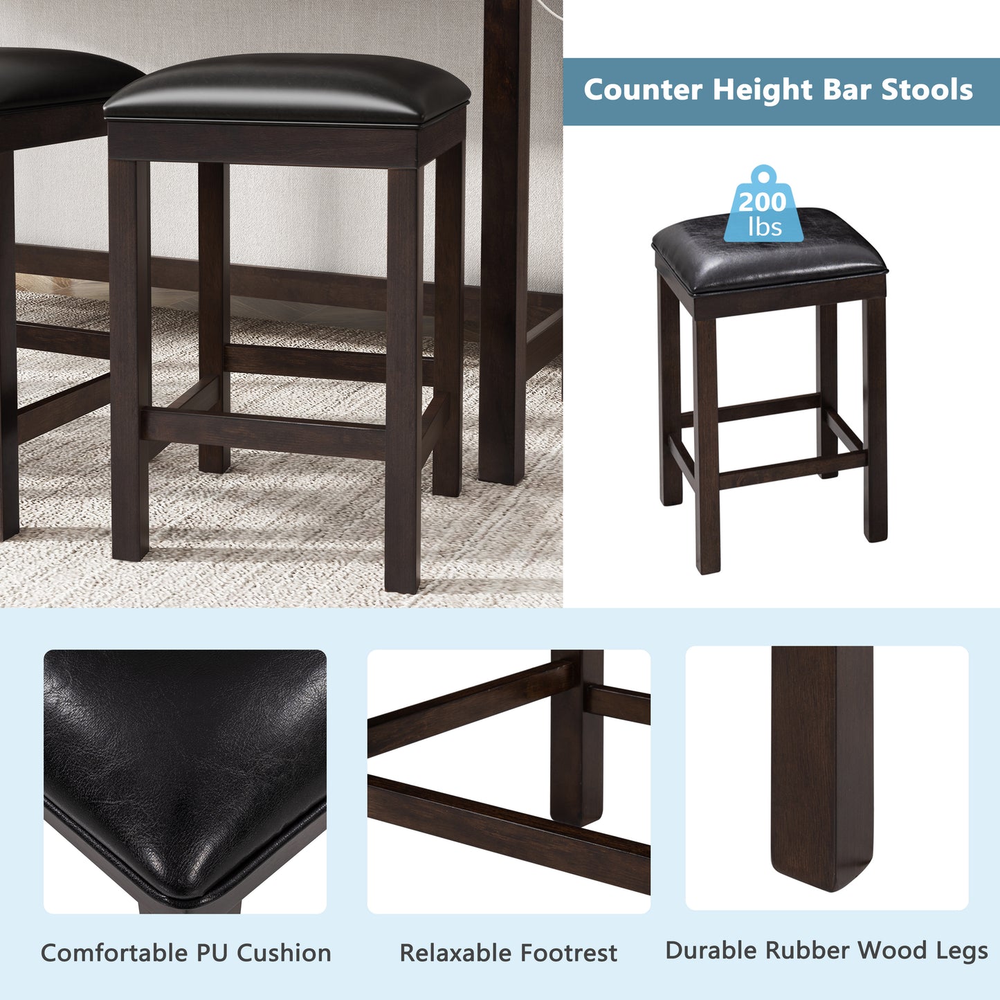 4-Piece Counter Height Table Set with Socket and Leather Padded Stools, Espresso