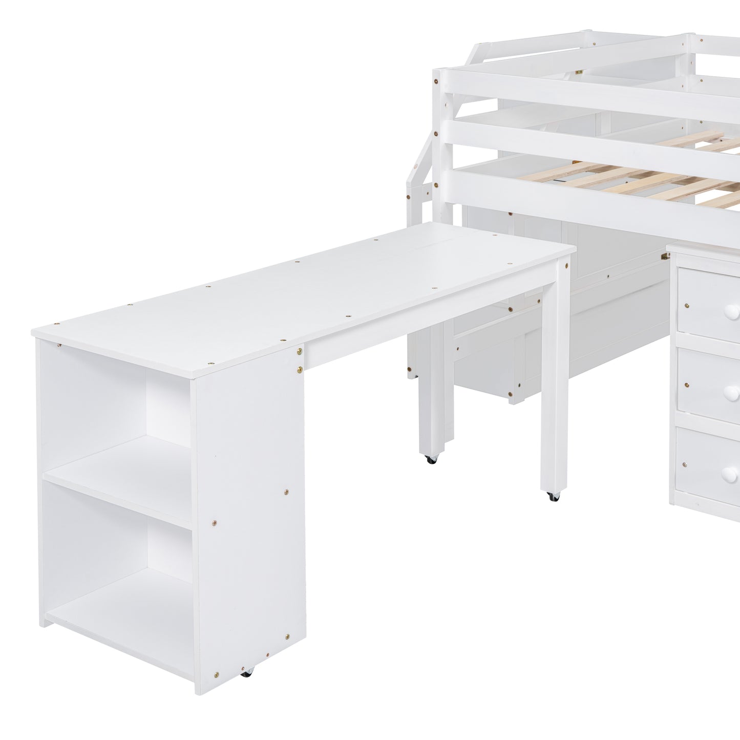 Full Size Loft Bed with Retractable Writing Desk and 3 Drawers, Wooden Loft Bed with Storage Stairs and Shelves, White