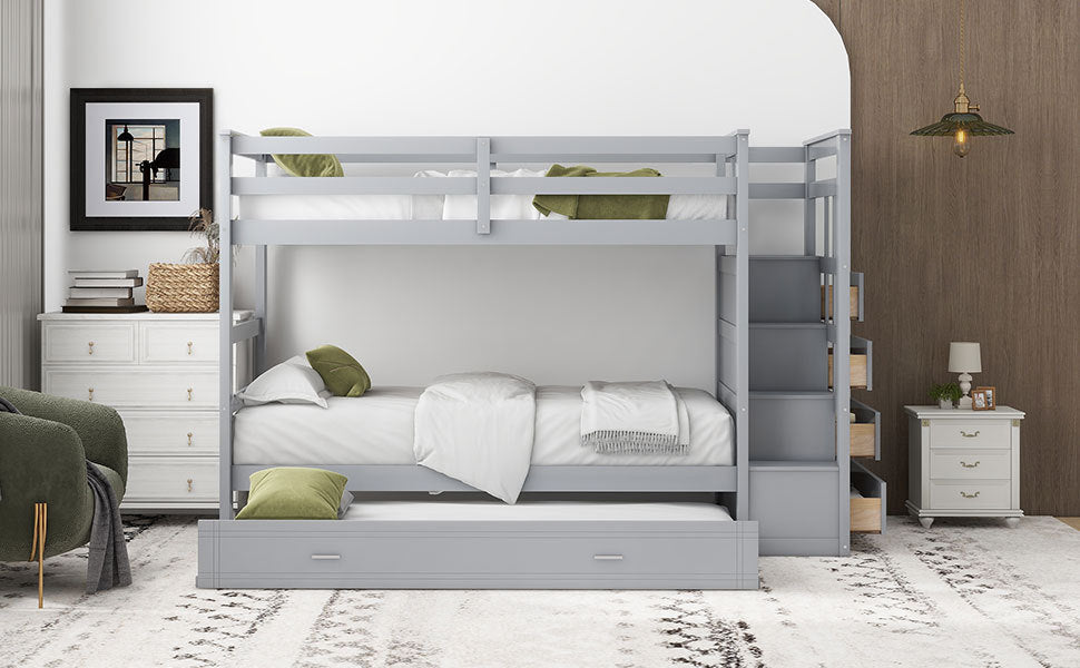 Gray Twin Bunk Bed with Trundle Staircase