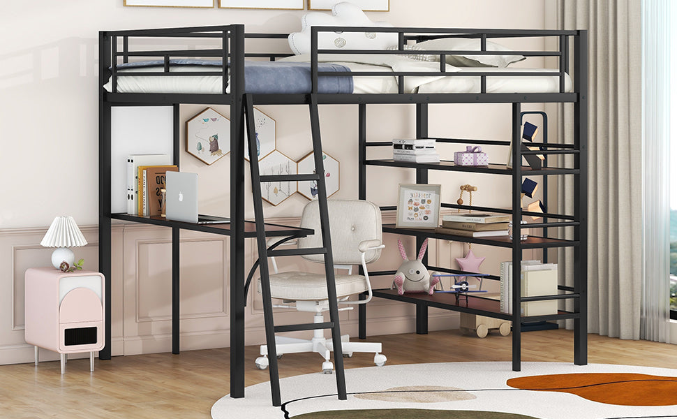 Full Size Loft Metal Bed with 3 Layers of Shelves and Desk, Stylish Metal Frame Bed with Whiteboard, Black