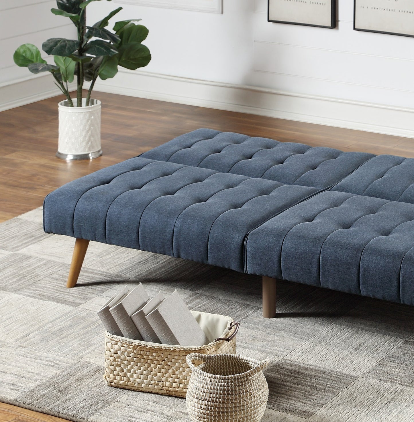 Navy Color Modern Convertible Sofa 1pc Set Couch Polyfiber Plush Tufted Cushion Sofa Living Room Furniture Wooden Legs