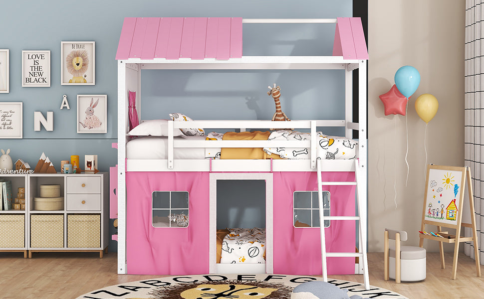 Twin Size Bunk Wood House Bed with Elegant Windows, Sills and Tent, Pink+White