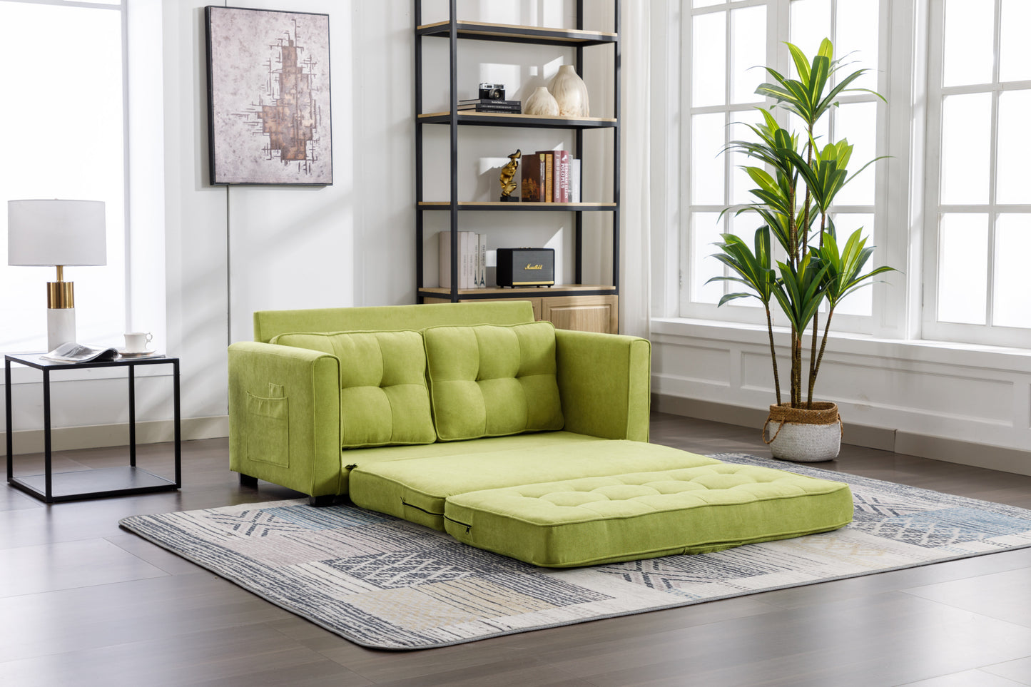 Loveseat Sofa with Pull-Out Bed, Green Chenille Upholstery