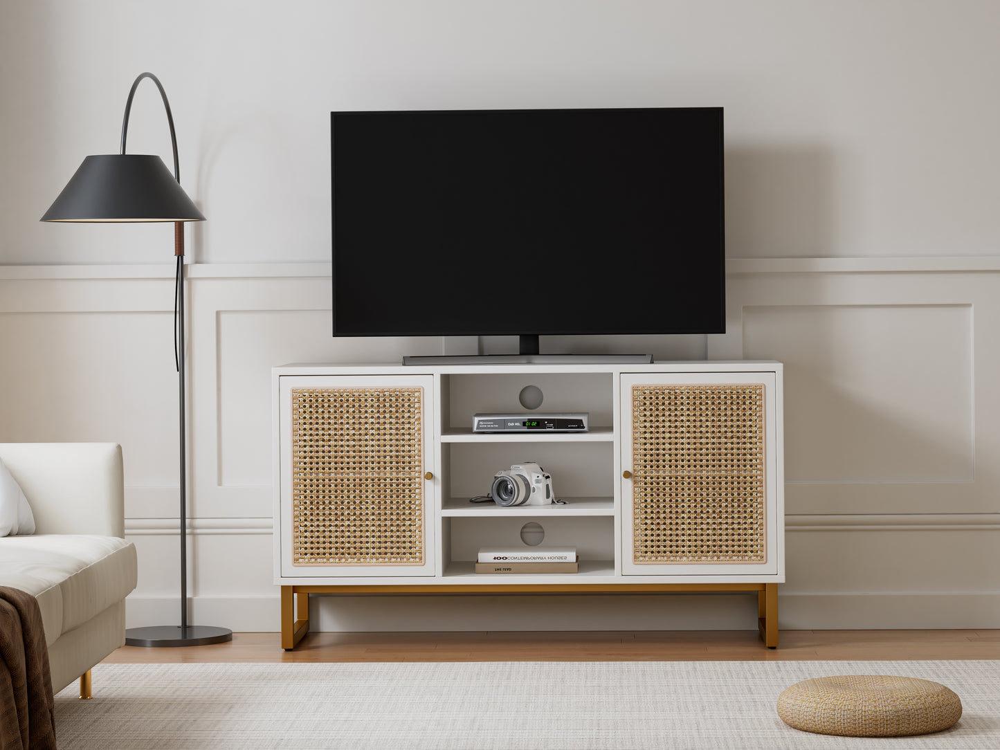 47 Inch White Rattan TV Stand with Adjustable Shelves and Metal Legs