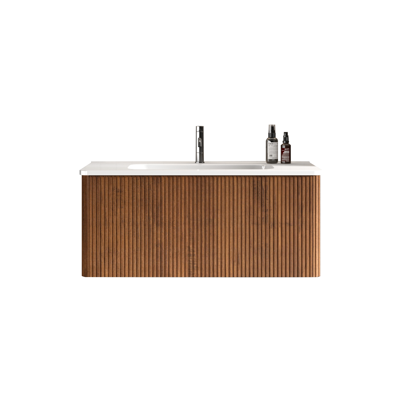 U048-Etna36W-305 Etna 36" Striped Walnut Bathroom Vanity with White Ceramic Sink, Wall Mounted Floating Bathroom Vanity for Modern Bathroom, One-Piece White Basin without Drain and Faucet