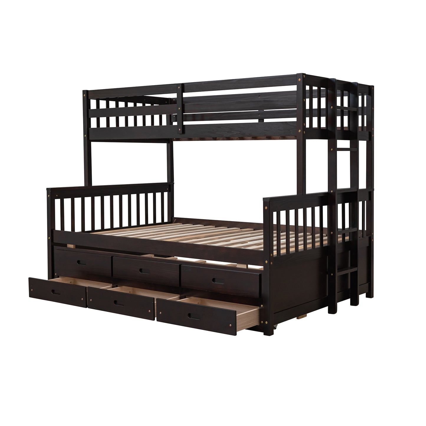 Rustic Three-Bedroom Bunk Bed with Trundle and Drawers - Espresso