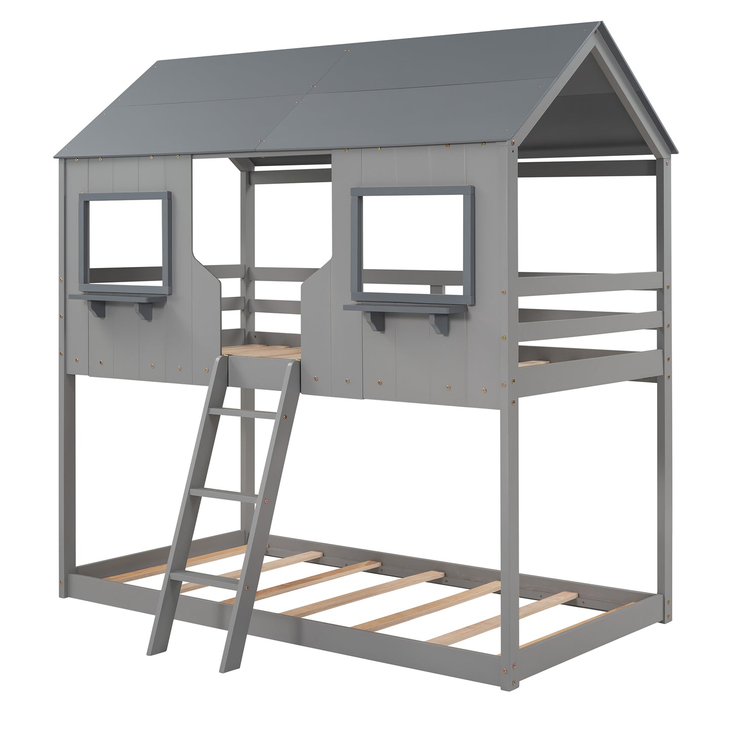 Gray Playhouse Bunk Bed with Twin Over Twin Design