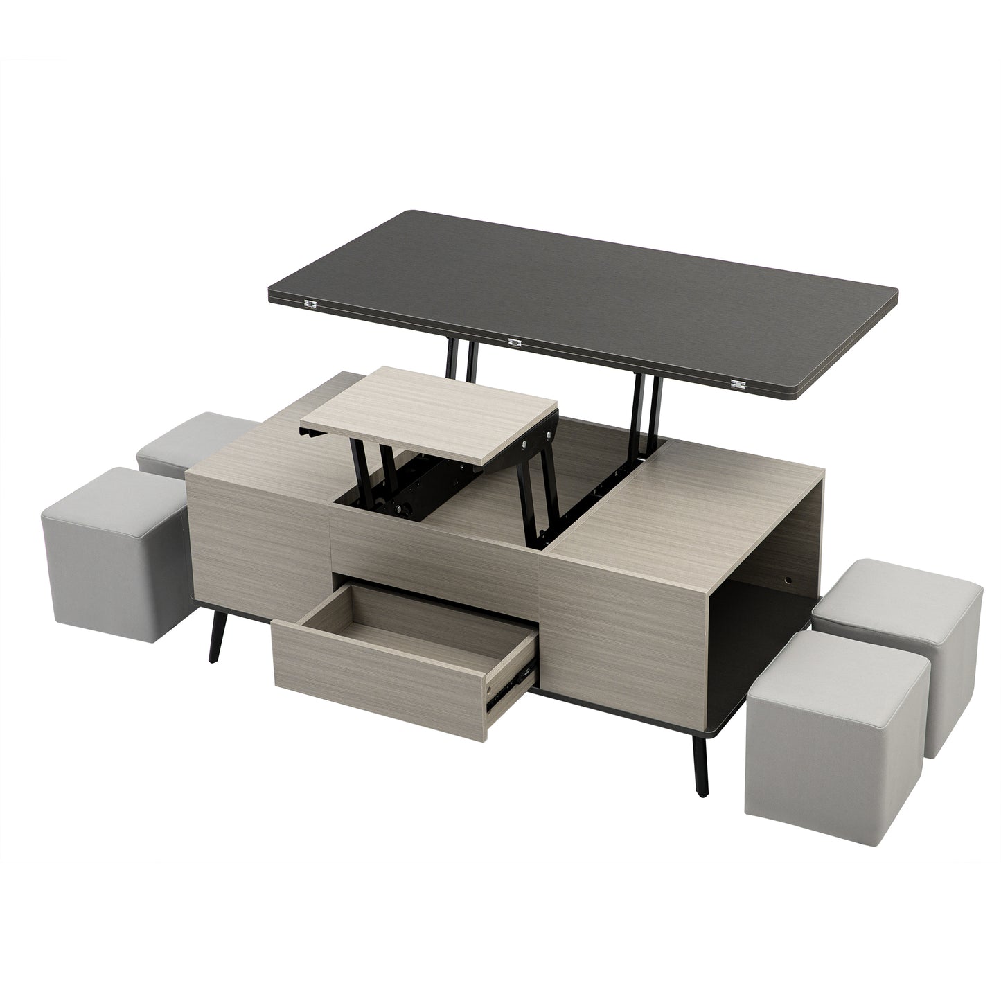 5-Piece Lift Top Coffee Table Set With Convertible Dining Table and Ottomans